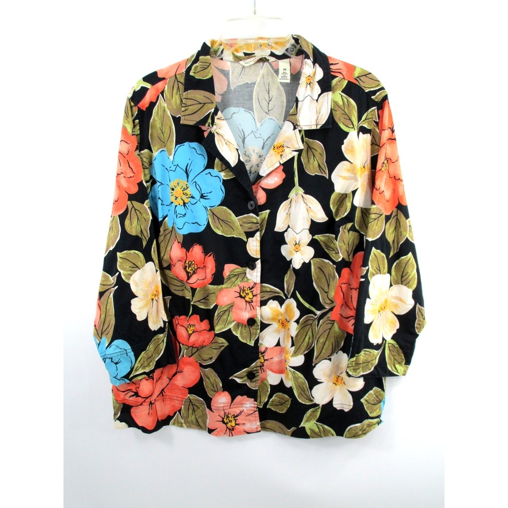 French Laundry Women 2X Blouse Black Floral Button Up 3/4 Sleeve Boho Cottage